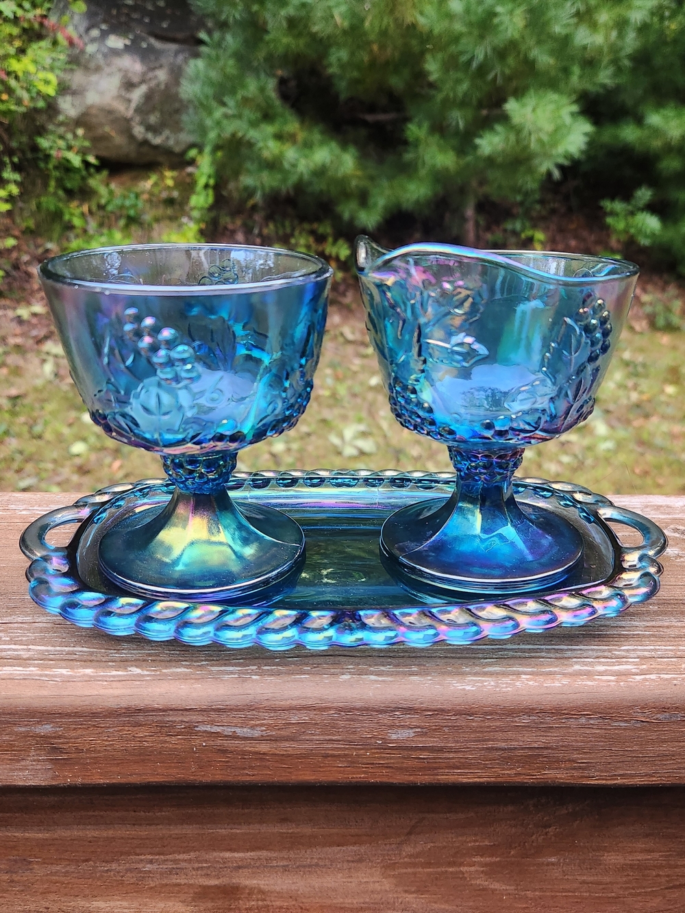Indiana Glass Iridescent Blue Carnival Glass Creamer, Sugar and Tray Set